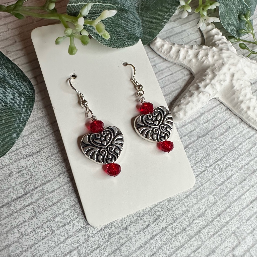 3/$25 Silver Heart Earrings With Red Faceted Glass Beads